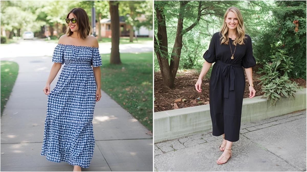 Maxi dress vs. midi dress comparison – left image shows a woman wearing a blue off-the-shoulder maxi dress, while the right image shows a woman in a black belted midi dress with short puff sleeves.