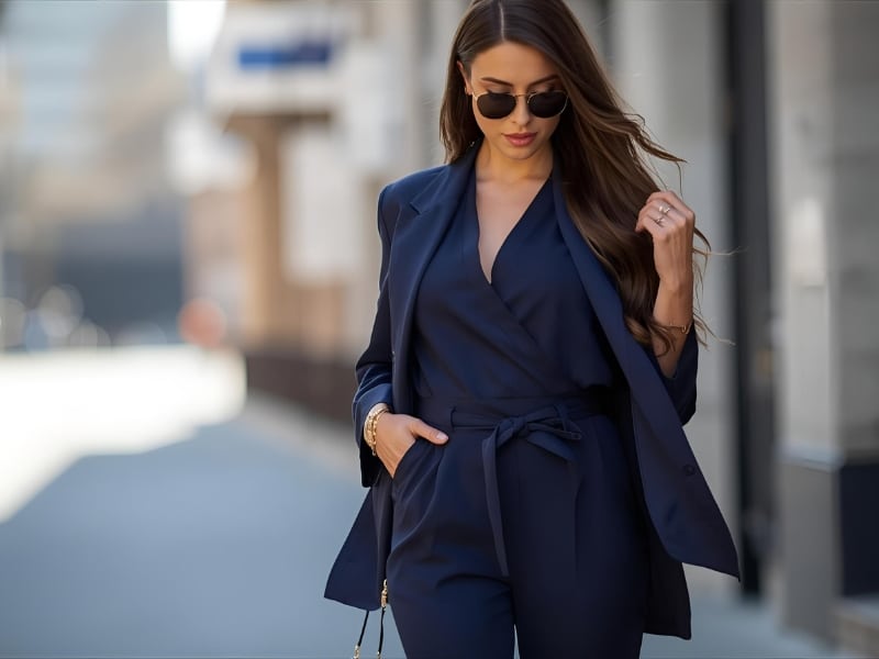 A fashionable woman in a deep-navy wrap jumpsuit paired with a blazer and sunglasses in an urban setting.
