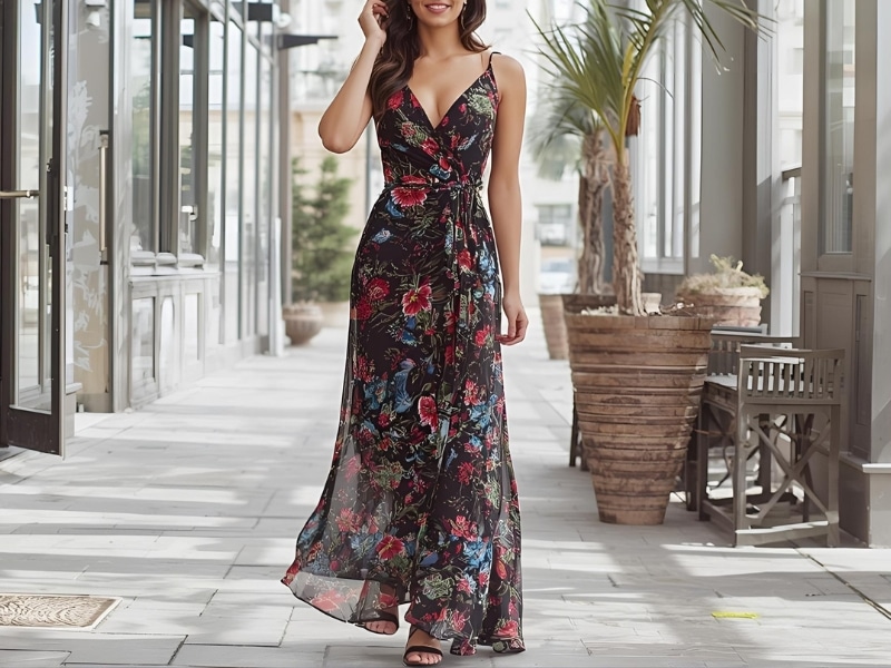A woman wearing a floral sleeveless maxi dress while walking in an outdoor hallway lined with plants.