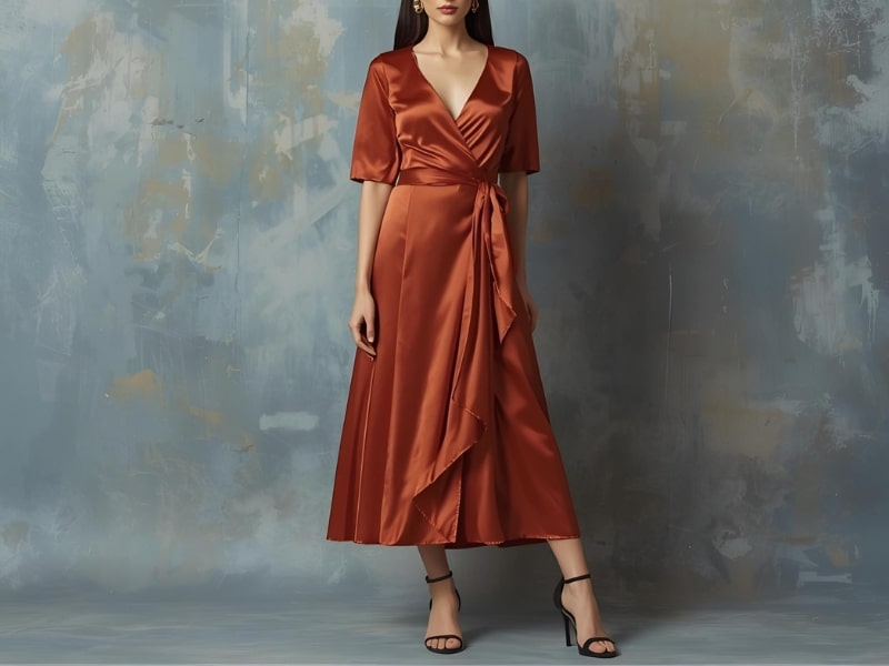 A woman wearing a satin rust-colored wrap midi dress, showing the typical mid-calf length and elegant silhouette—perfect for illustrating what a midi dress is.