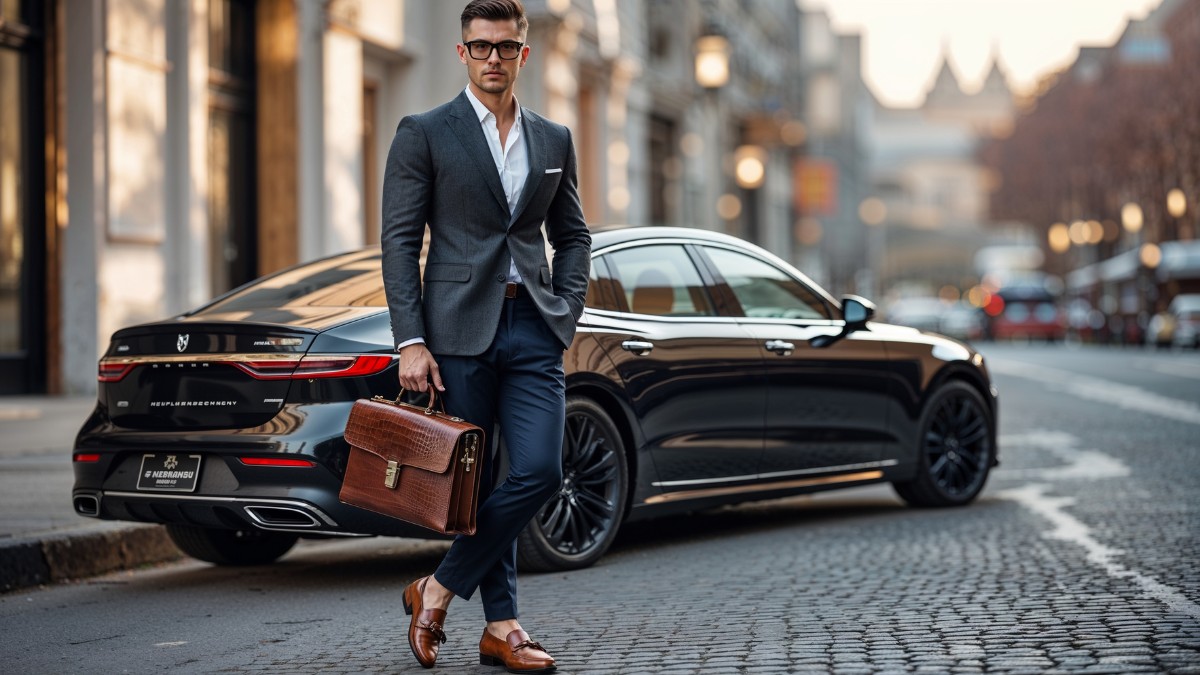 Man wearing a white Oxford shirt with a tailored blazer and navy trousers, styled for a business casual look.