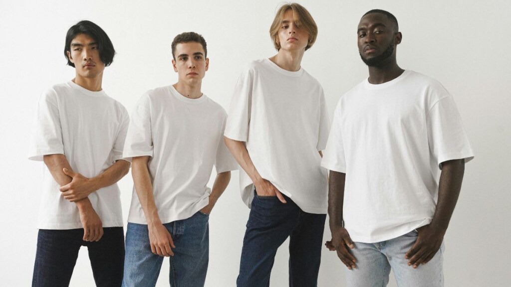 Four men standing side by side wearing plain white crewneck T-shirts – Best Men’s White T-Shirt