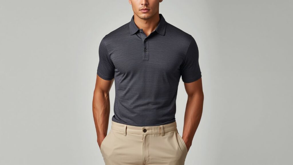 Man wearing a charcoal moisture wicking polo shirt with khaki pants in a smart casual outfit
