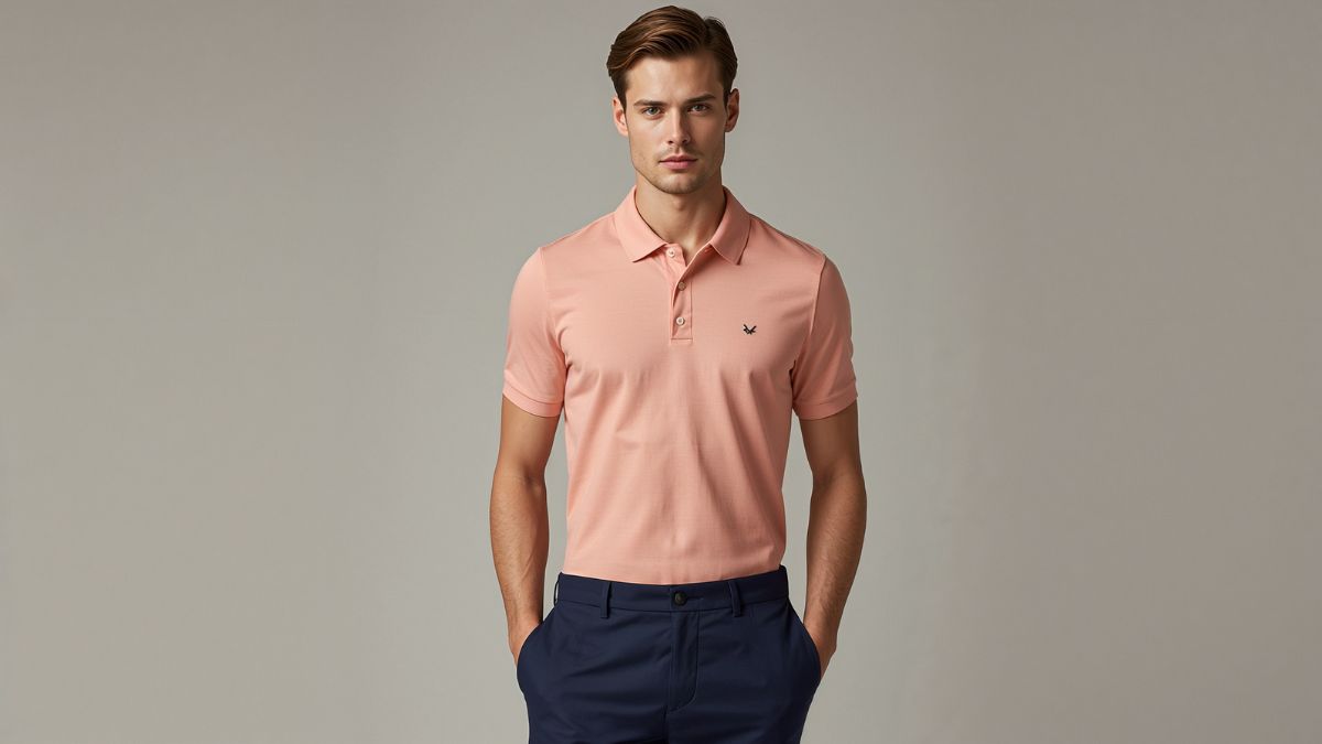 Premium Pima cotton polo shirt on male model in peach color with navy pants, minimalist studio fashion style