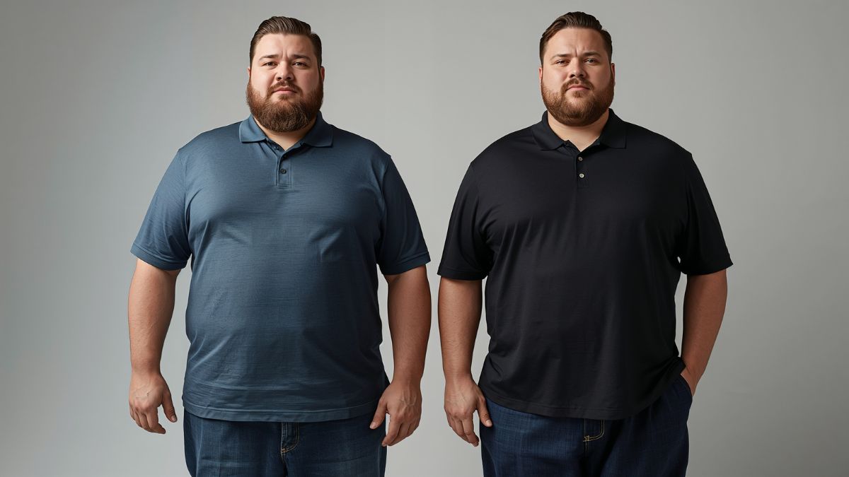 Plus size man wearing a comfortable polo shirt with relaxed fit, stylish casual outfit for big men