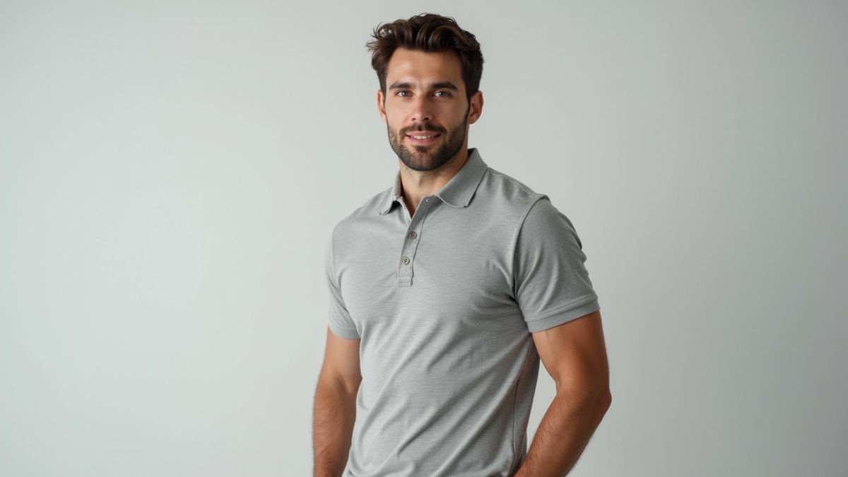 Model in a wrinkle-resistant gray polo shirt showcasing a clean, polished smart casual look