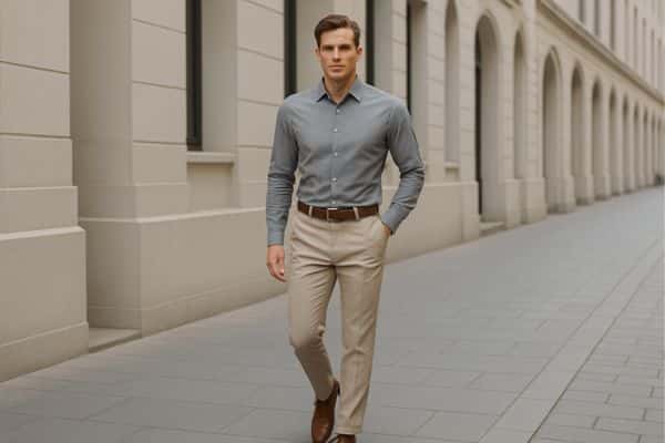 Young man wearing a mid-grey button-down shirt tucked into beige tailored trousers with a brown belt and matching loafers