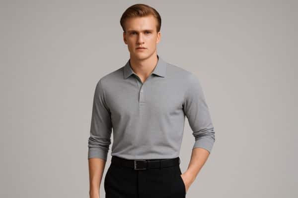 Grey shirt with black pants, a stylish urban outfit featuring dark tones and sharp formal tailoring.
