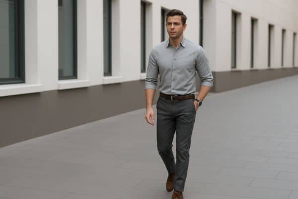 A stylish man walks confidently down a modern city street wearing a light grey shirt paired with dark grey slim-fit pants, brown belt, and brown shoes, creating a sleek and professional look.