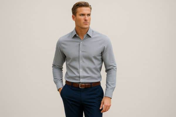 Business casual menswear in navy and neutral tones, perfect for professional settings.