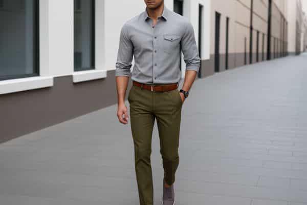 Fashion-forward outfit featuring a grey chambray shirt and olive green cargo or chino pants.