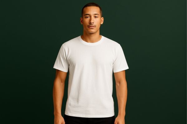 Man wearing one of the best men’s t-shirts — Hanes ComfortSoft Tagless Tee in white, showcasing a classic fit and comfortable design.