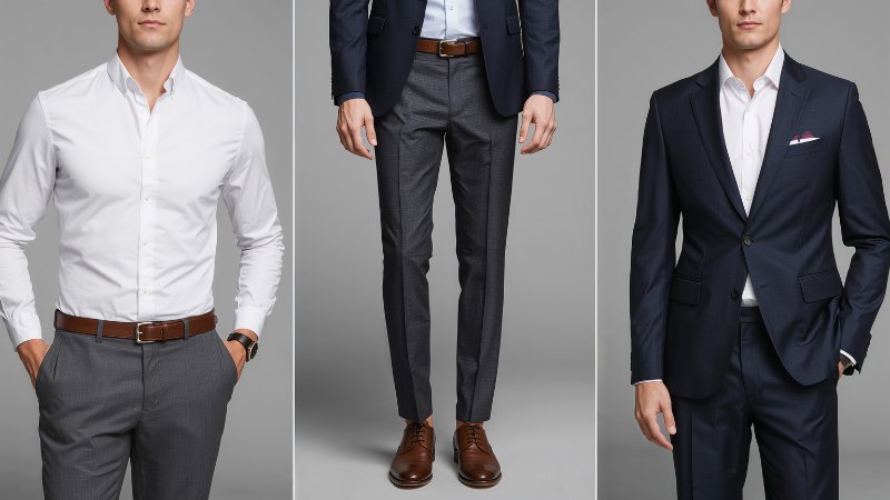 Two men styled in oxford shirts for a business casual look, one paired with tailored trousers and brown leather shoes, the other layered under a navy suit for a polished office outfit.
