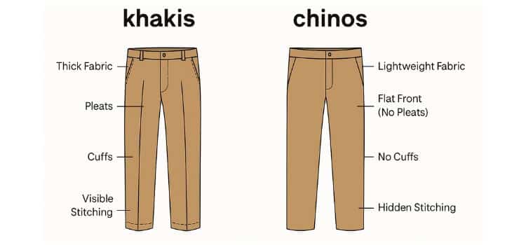 Side-by-side comparison illustration of khakis and chinos highlighting differences in fabric weight, pleats, cuffs, and stitching.
