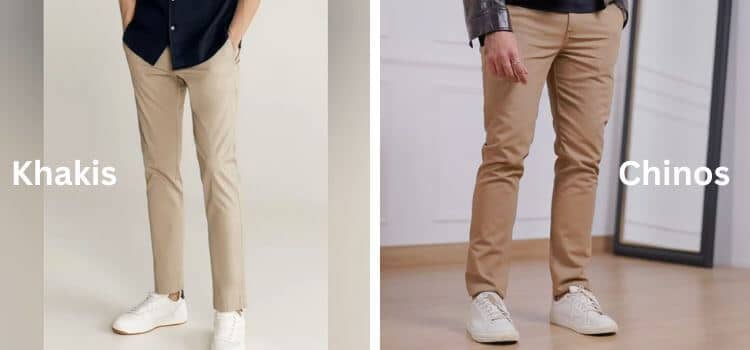 Khakis vs Chinos side-by-side comparison showing visual differences in style, fit, and fabric.
