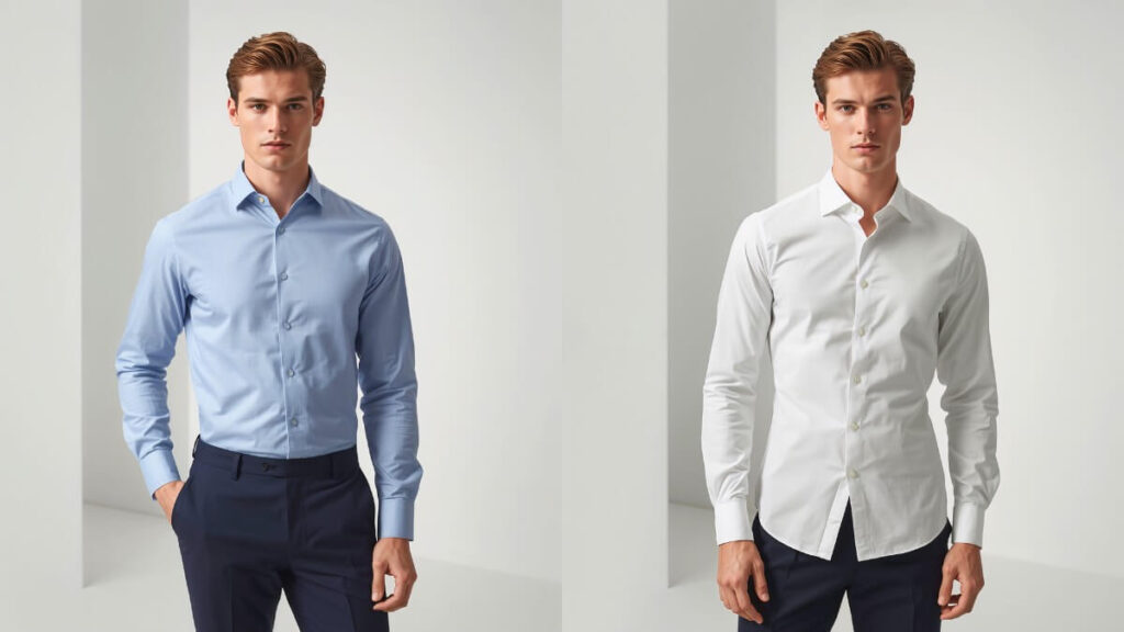 Modern Fit vs Slim Fit Dress Shirt 1 A clean side-by-side comparison of modern fit and slim fit dress shirts, highlighting the subtle difference in tapering, waist shaping, and overall silhouette.