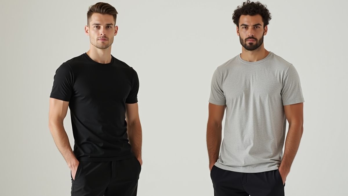 Two male models comparing slim fit and regular fit t-shirts highlighting tailored and relaxed silhouettes