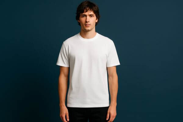 Man wearing Uniqlo U Crew Neck Short-Sleeve White T-Shirt in a relaxed modern fit, heavyweight cotton, styled casually for everyday wear.