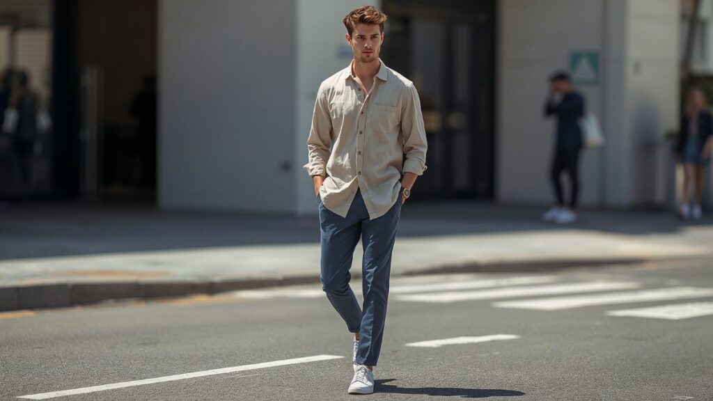 What Color Matches with Blue Pants 1 Man wearing blue pants with matching light shirt street style outfit