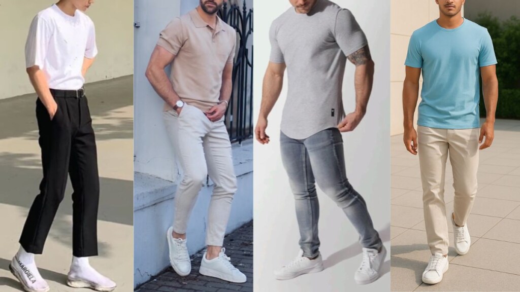 Men wearing the best light t-shirt colors including white, beige, light grey, and pastel blue, styled with casual pants and white sneakers – perfect outfit ideas for men of all skin tones.