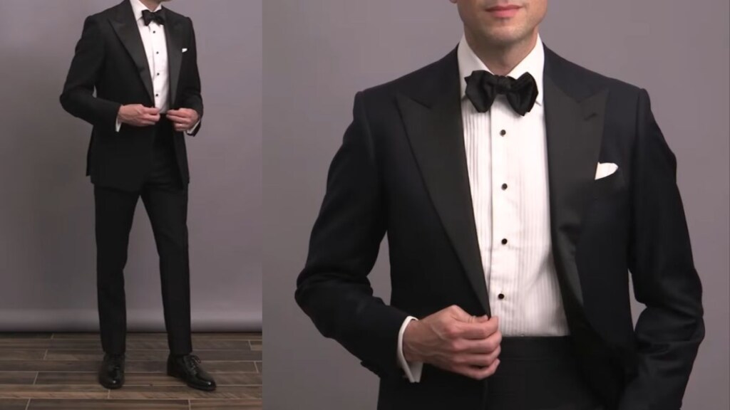 Best tuxedo shirts for men – classic formal white shirt with black tuxedo and bow tie.