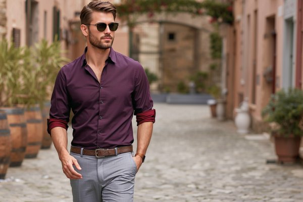 Brown Shirt Matching Pant 4 Man wearing a brown shirt styled with grey pants, creating a smart casual outfit for men.