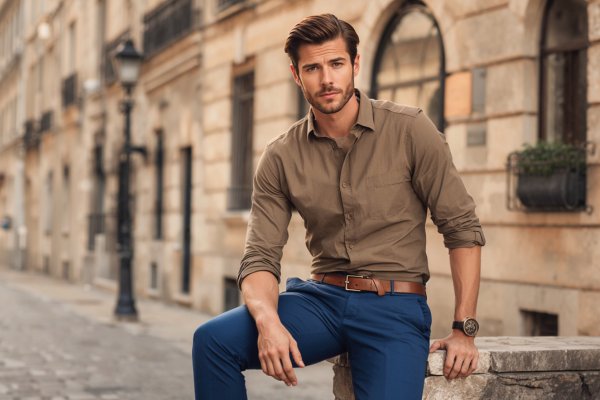 Brown Shirt Matching Pant 3 Man wearing a brown shirt styled with navy blue pants and a leather belt, posing on a city street, showing how to pair a brown shirt with navy blue trousers for a smart casual men’s outfit