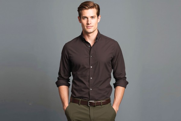 Brown Shirt Matching Pant 6 Man wearing a brown shirt styled with olive green pants, creating a balanced smart casual outfit for men.