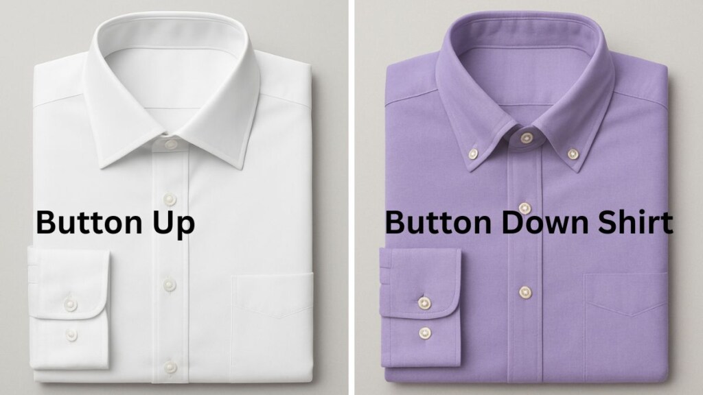 Side-by-side comparison of a button-up shirt with a spread collar and a button-down shirt with visible collar buttons, showcasing key design differences