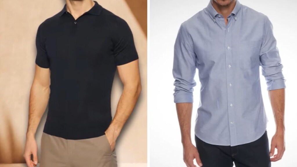Side-by-side comparison of a man wearing a polo shirt and another man in a dress shirt.
