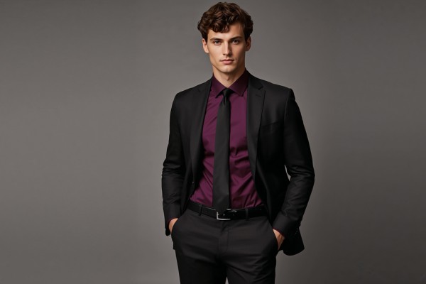 Purple dress shirt paired with a black tie and dark suit for a sharp men’s formal outfit