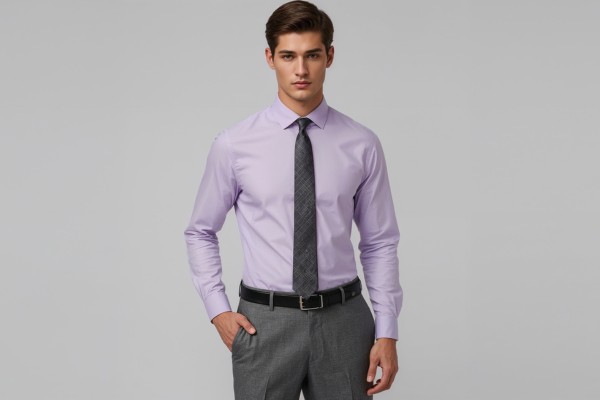 Purple dress shirt paired with a grey tie and grey trousers for a refined men’s formal outfit
