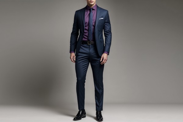 Purple dress shirt paired with a navy tie and navy suit for a polished men’s formal outfit