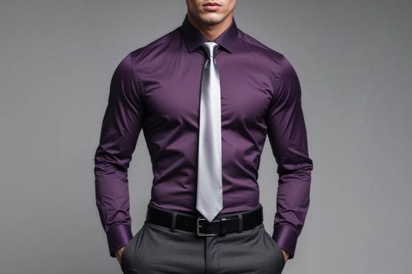 Purple dress shirt paired with a silver tie for a refined men’s formal outfit