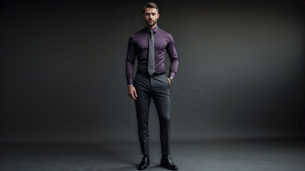 Man wearing a purple dress shirt with a gray tie and charcoal trousers, demonstrating a classic tie color combination for a purple shirt in a formal men’s outfit.