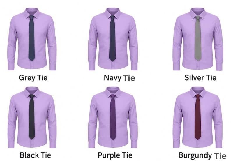 Purple shirt with six different tie colors including grey, navy, silver, black, purple, and burgundy