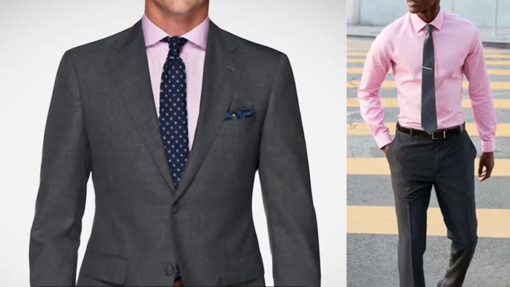 Man wearing pink shirt with navy blue tie and gray suit, and another man in pink shirt with black tie – best tie colors for pink shirt.