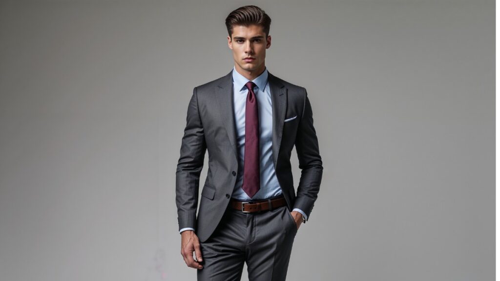 What Color Tie to Wear with Blue Shirt 1 Man wearing a light blue dress shirt with a burgundy tie and charcoal gray suit, demonstrating a stylish and professional tie color combination to wear with a blue shirt