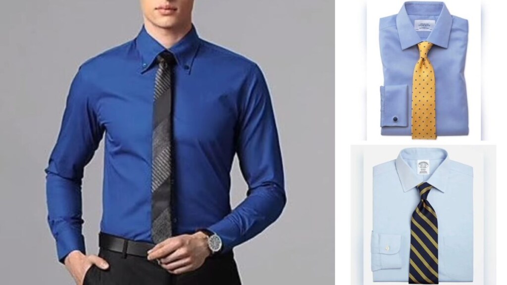 Examples showing what color tie to wear with a blue shirt, including a dark blue shirt with a patterned black tie, a light blue shirt with a yellow tie, and a light blue shirt with a navy striped tie.