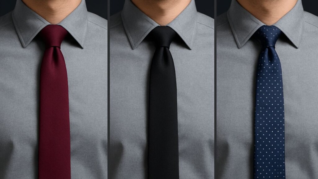 Close-up of a man wearing a grey dress shirt paired with four different ties—navy, burgundy, black, and dotted navy—showcasing the best tie color options for grey shirts in a stylish, professional layout.