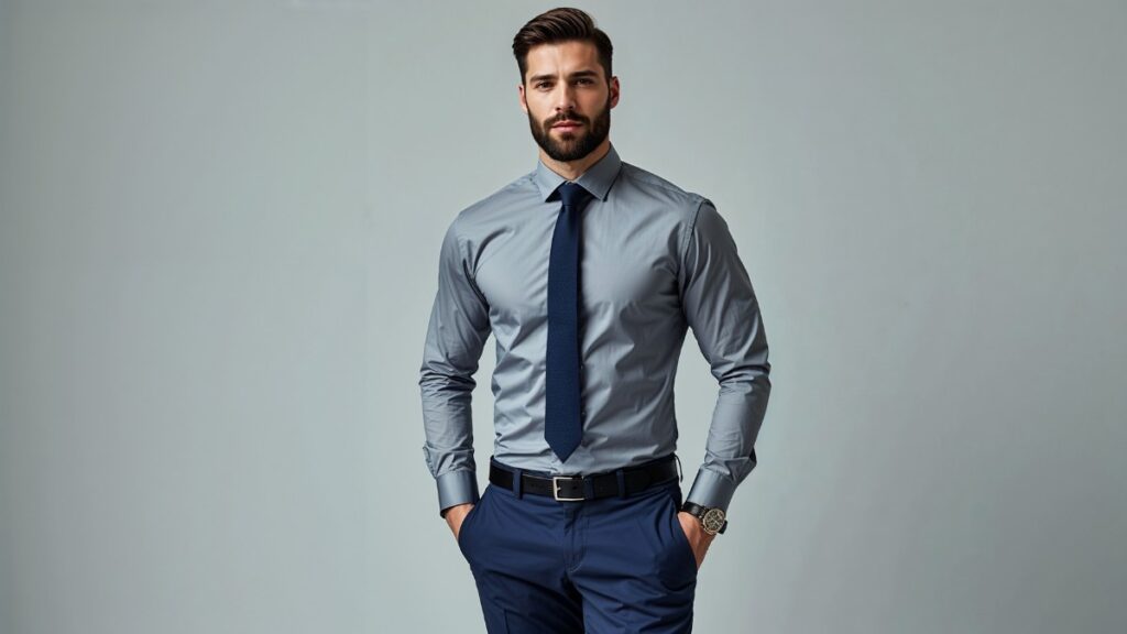 What Color Tie with a Grey Shirt 1 Man wearing a gray dress shirt with a navy blue tie and blue trousers, illustrating a classic and professional tie color combination for a grey shirt.