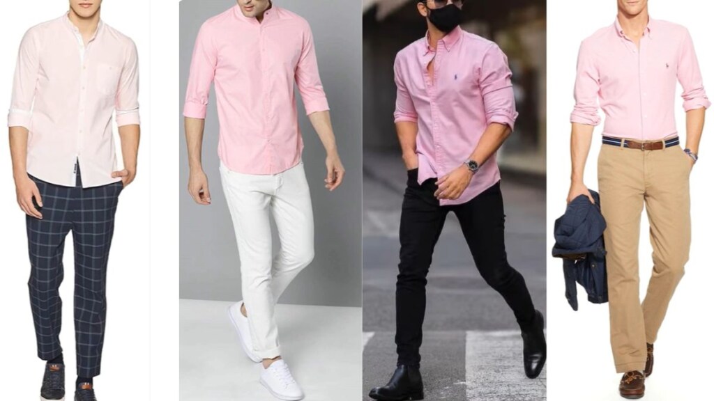 Men wearing pink shirts styled with white, black, navy, and beige pants – outfit ideas for what color matches with pink shirt