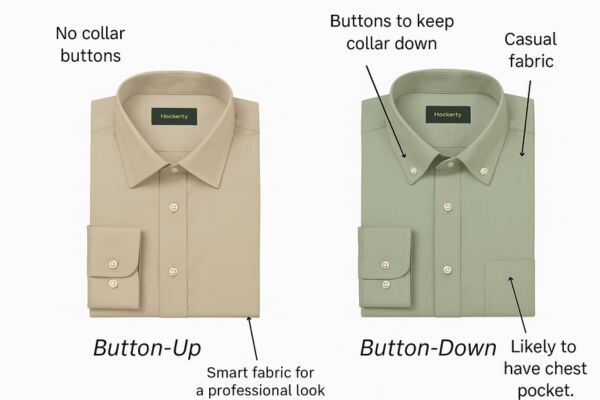 Button-Up vs Button-Down Shirt Comparison – Visual Guide Showing Key Collar and Style Differences for Men’s Fashion.