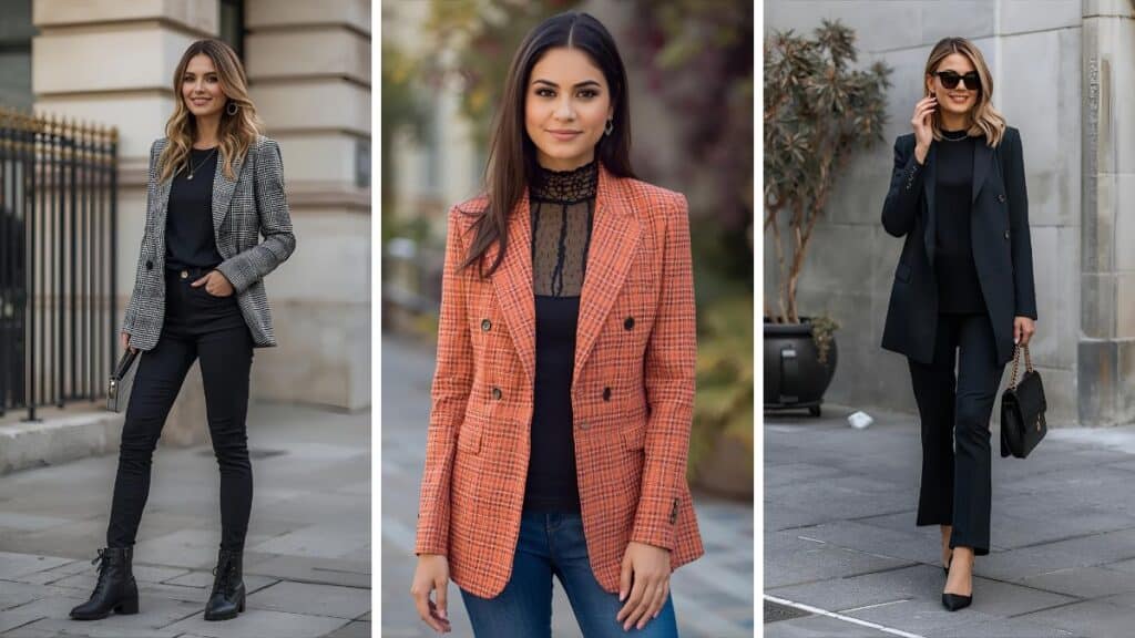 Three petite women wearing different stylish blazers, showcasing the best blazers for petite women in modern, chic street-style outfits.