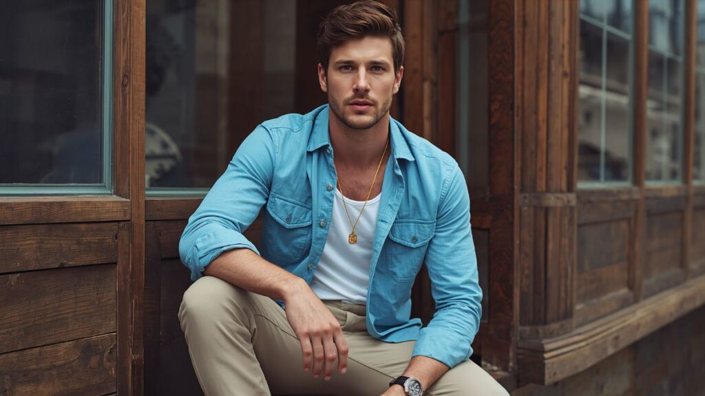 Best Five-Pocket Pants for Men 1 Stylish man wearing beige five-pocket pants with a light blue shirt in a smart casual men’s fashion outfit.