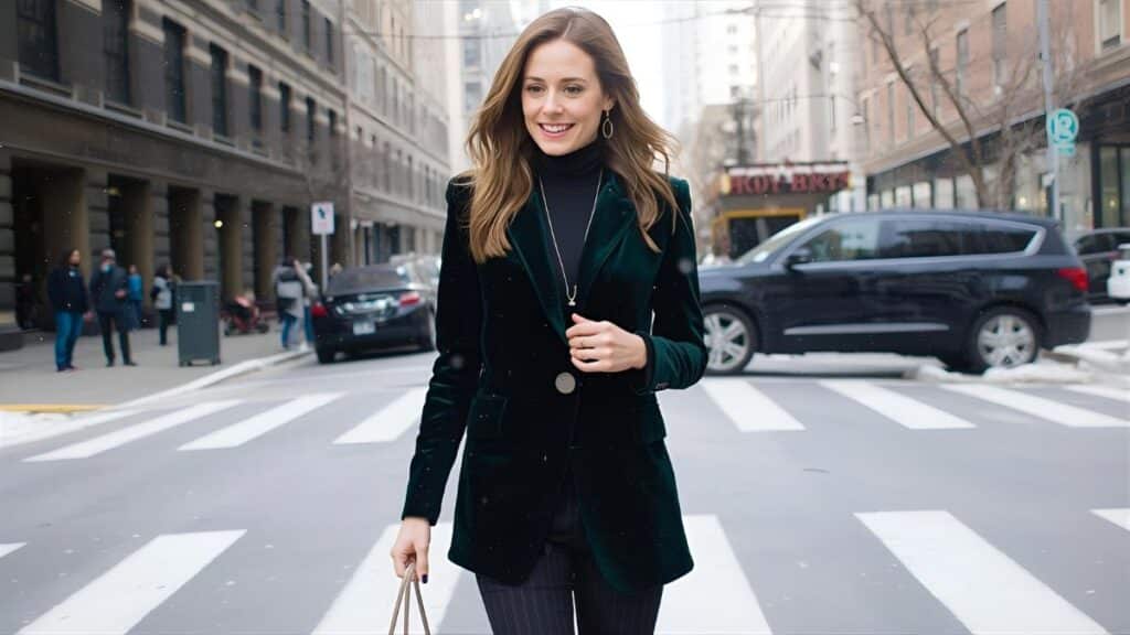 Woman wearing a dark green velvet blazer over a black turtleneck while walking in the city crosswalk, showcasing a stylish winter outfit for a “Best Velvet Blazers for Women” fashion guide
