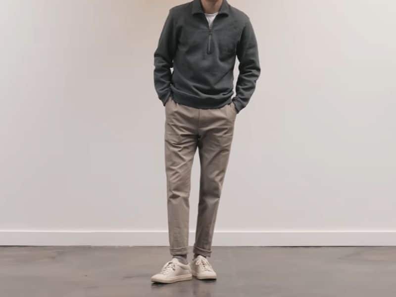 Classic chinos for men in khaki styled with navy sweater – smart casual winter look
