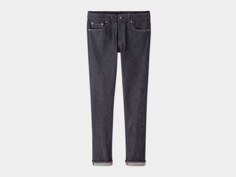 Men's dark-colored slim-fit jeans with straight leg style