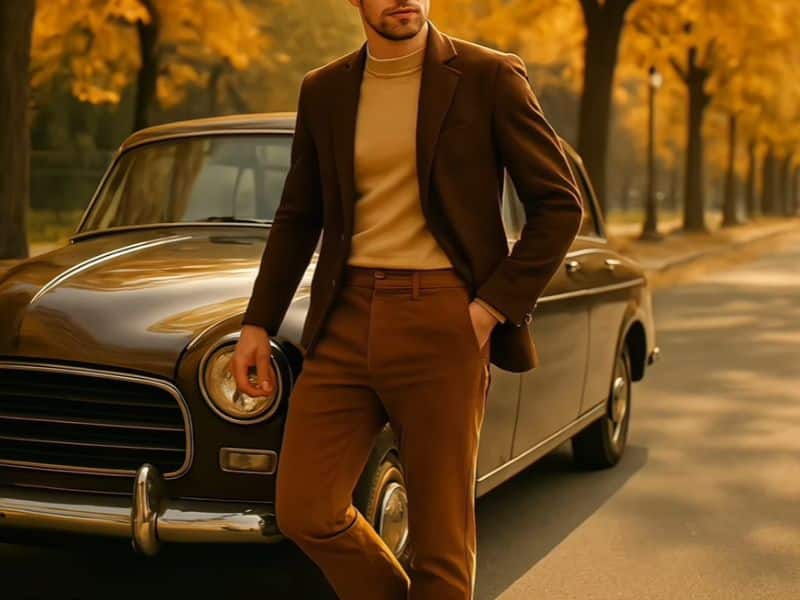 Slim-fit corduroy pants for men in burgundy styled with suede loafers – winter outfit idea