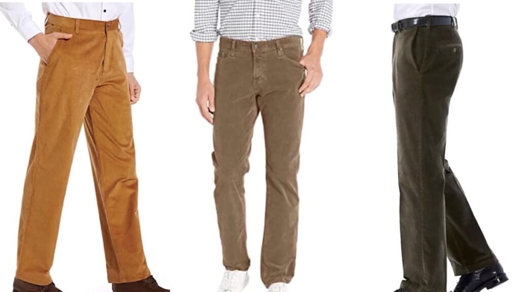 Men’s corduroy pants in brown, beige, and olive – classic fall and winter outfit options.